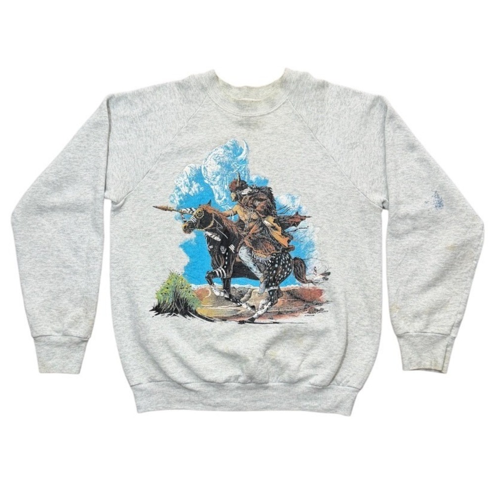 Vintage 80s Aboriginal Chief Indigenous Art Horse Equine Raglan Graphic Sweater